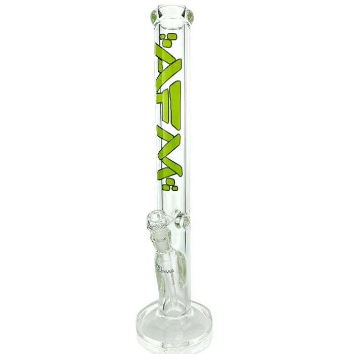 Clear glass water pipe with green AFM logo and straight tube design