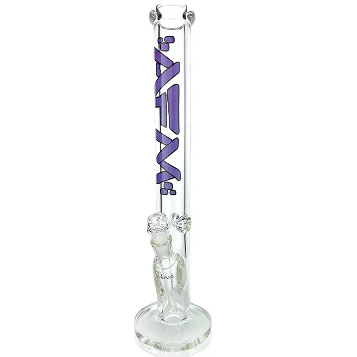 Clear glass straight tube water pipe with purple AFM logo, bowl, and wide base