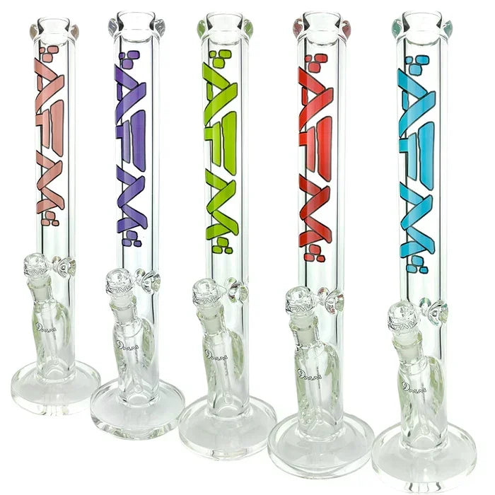 Five clear glass water pipes with colored AFM logos in pink, purple, green, red, and blue.