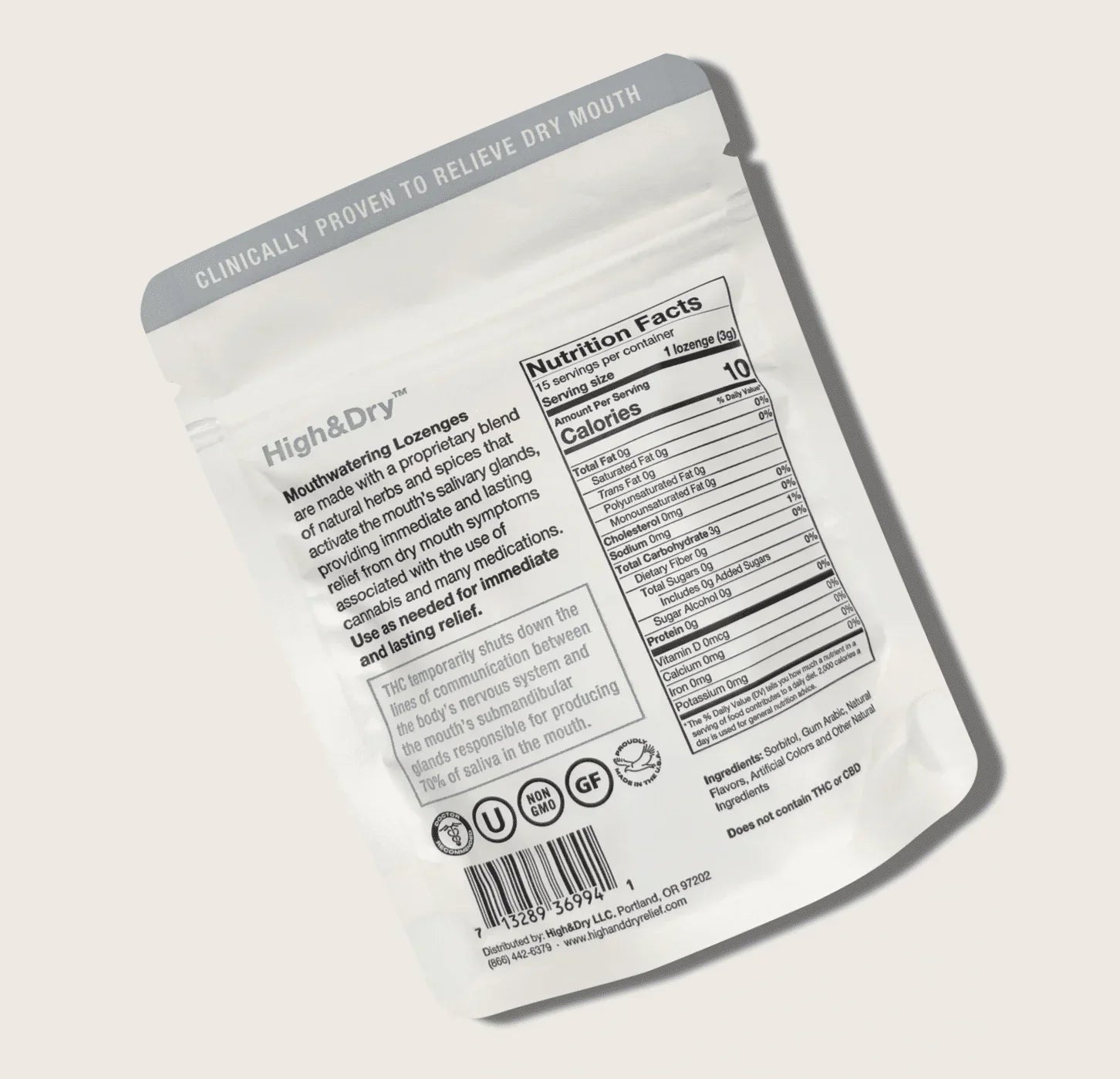 Back of High&Dry lozenges package showing nutrition facts, description, gluten-free and non-GMO labels.