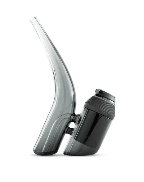 Modern glass vaporizer with sleek black water chamber and angled mouthpiece