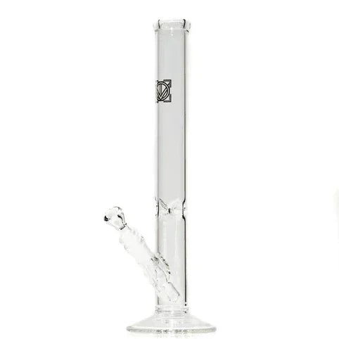 Clear glass straight tube water pipe with ice pinch and flat base, photographed on white background.