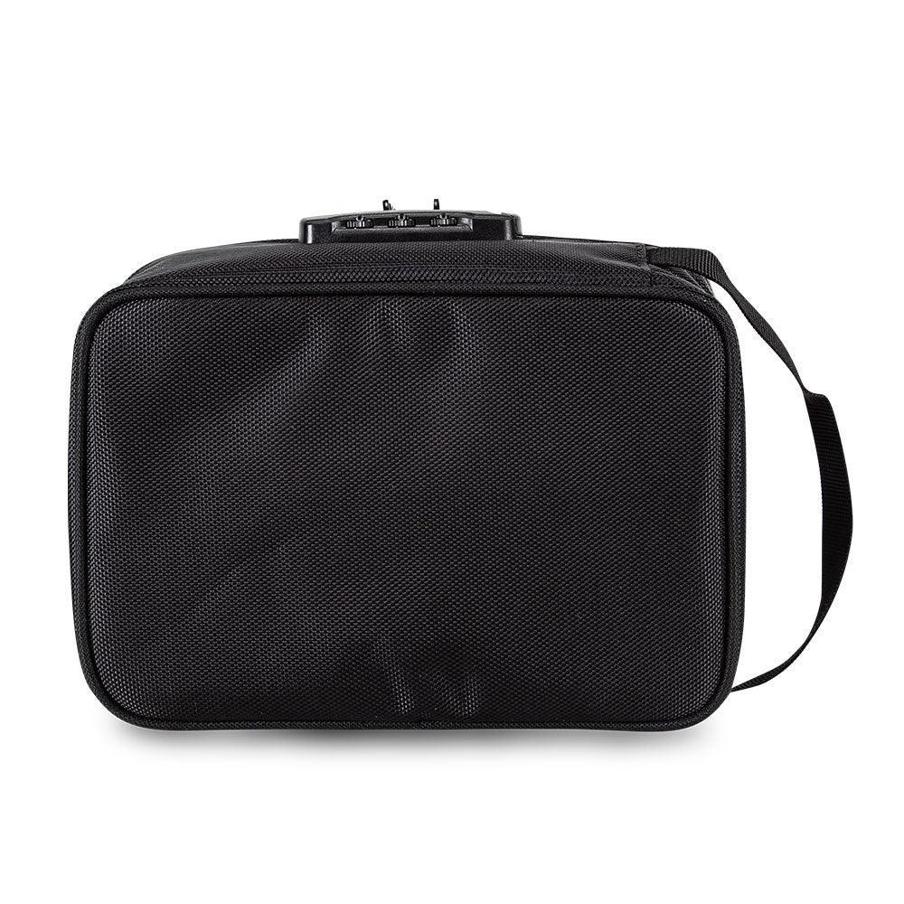 Black travel case with shoulder strap and combination lock, shown from the back.