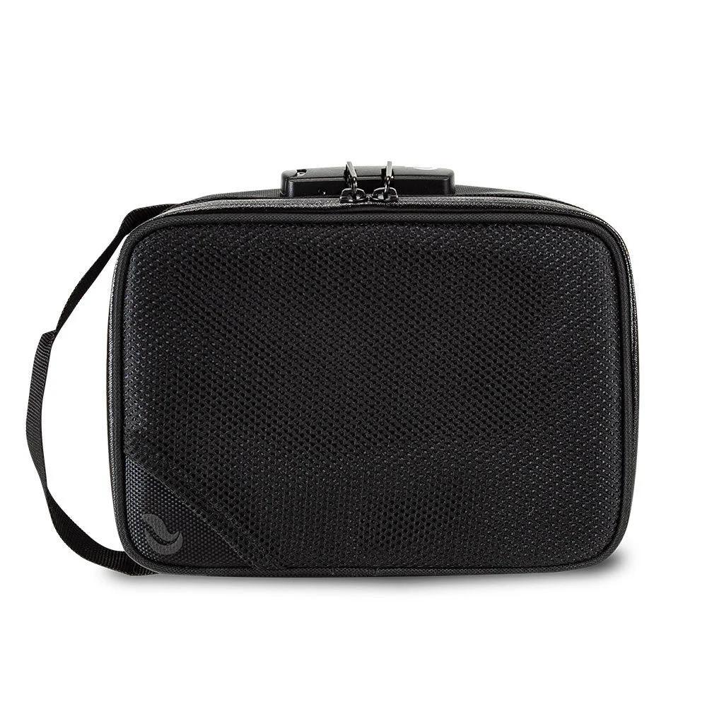 Black smell-proof travel case with lock, mesh exterior, and shoulder strap, front view