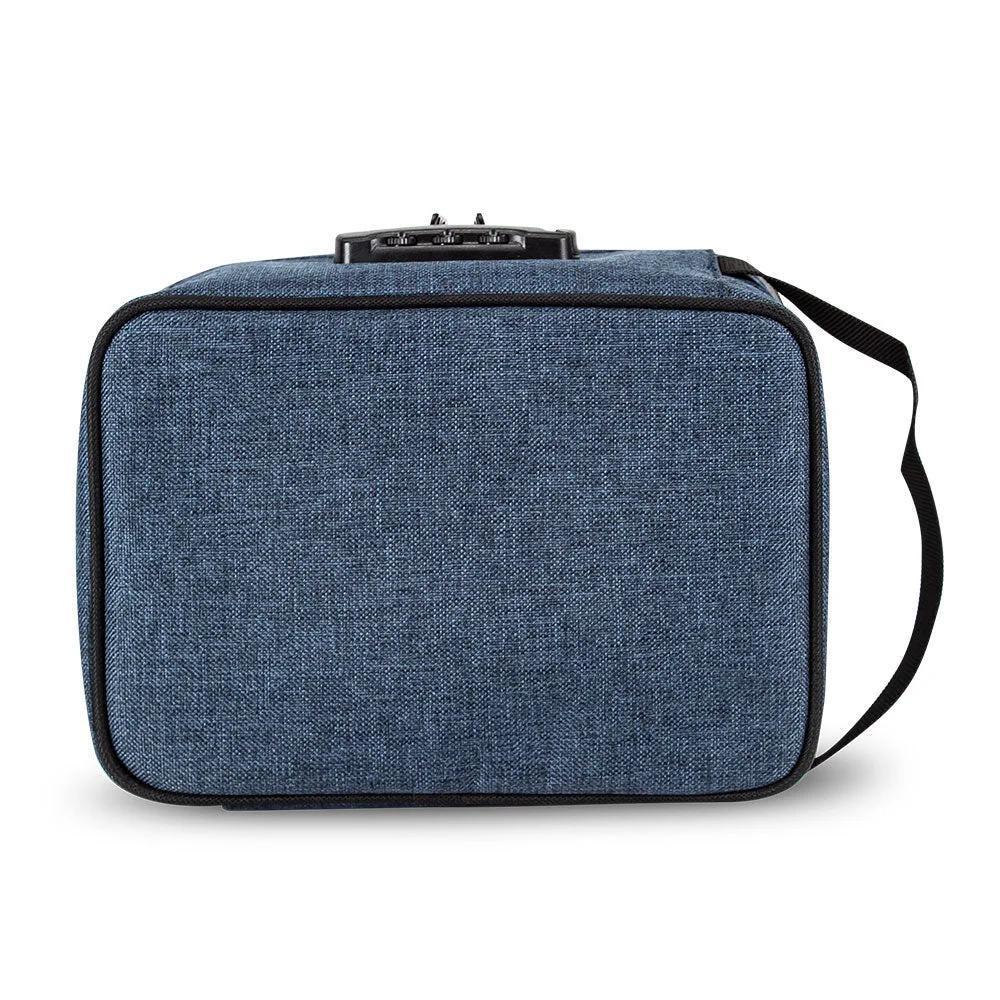 Denim blue odor-proof carry case with lock, adjustable strap, and rectangular shape