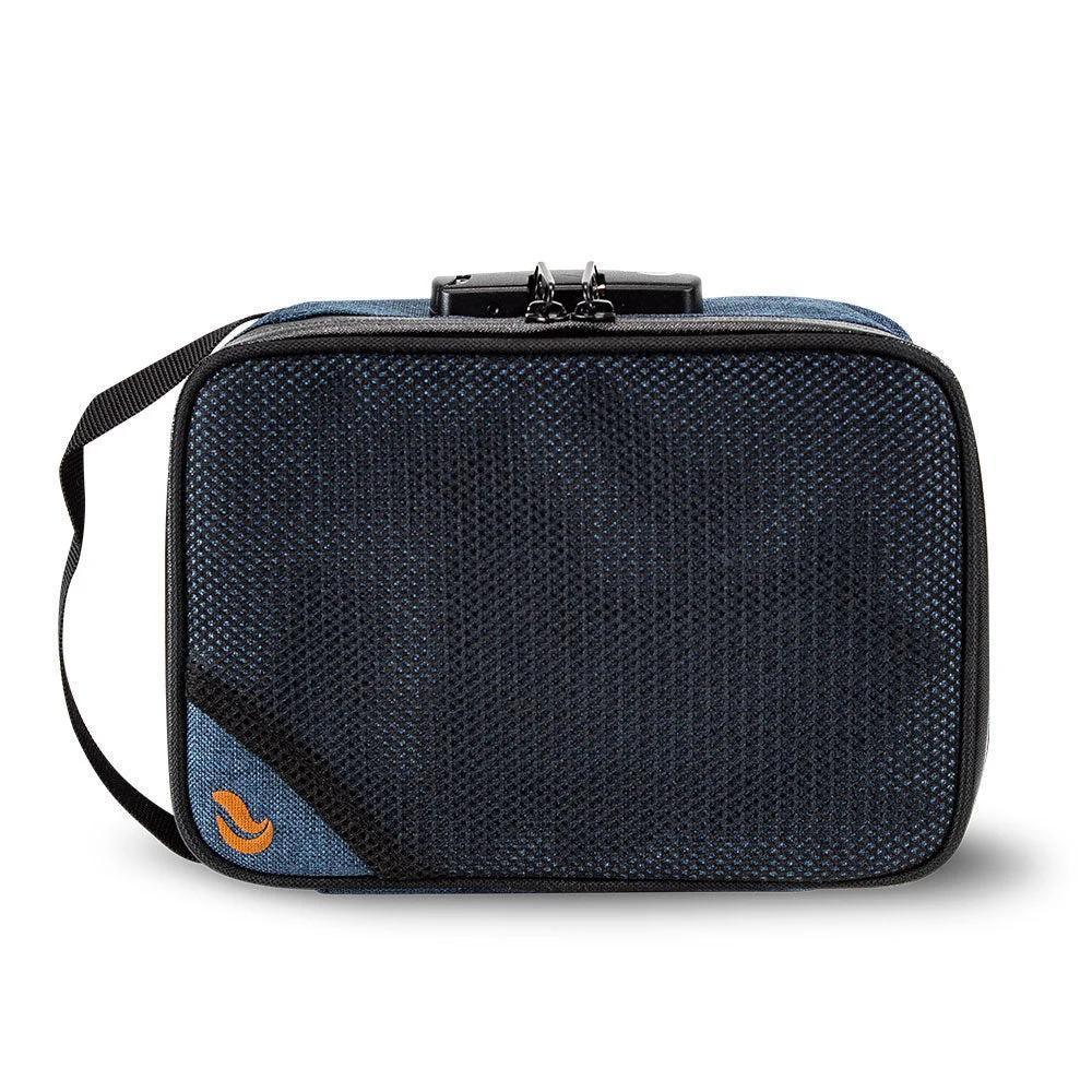 Denim blue lockable smell-proof carrying case with mesh front and side strap