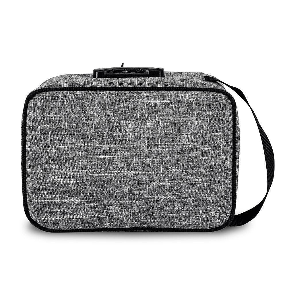 Gray smell-proof carrying case with shoulder strap, shown from the back.