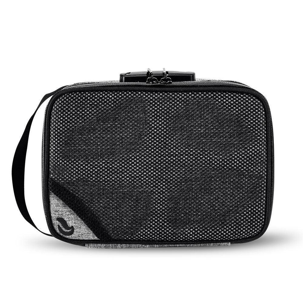 Gray odor-proof carrying case with textured front and shoulder strap, lock on top