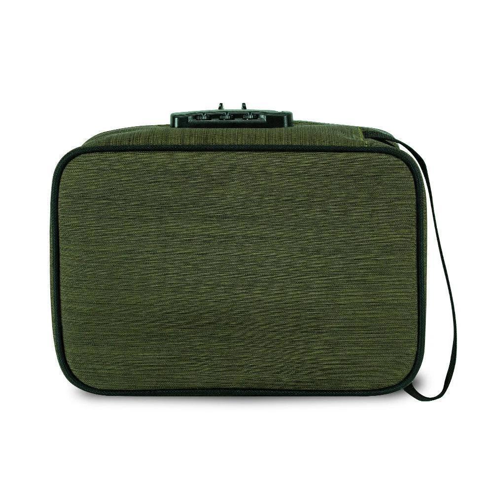 Green smell-proof travel case with combination lock, wrist strap, and fabric texture