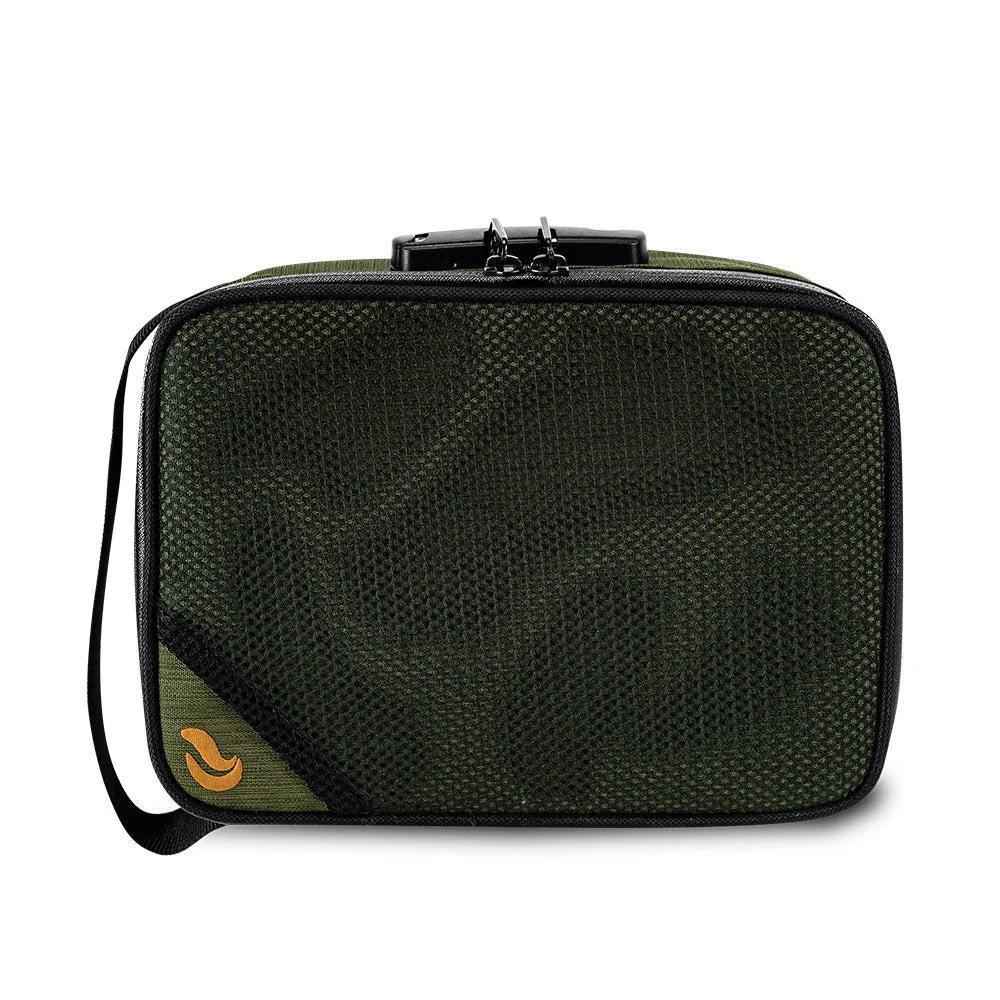 Green odor-proof carrying case with lock, mesh front, and small orange accent logo