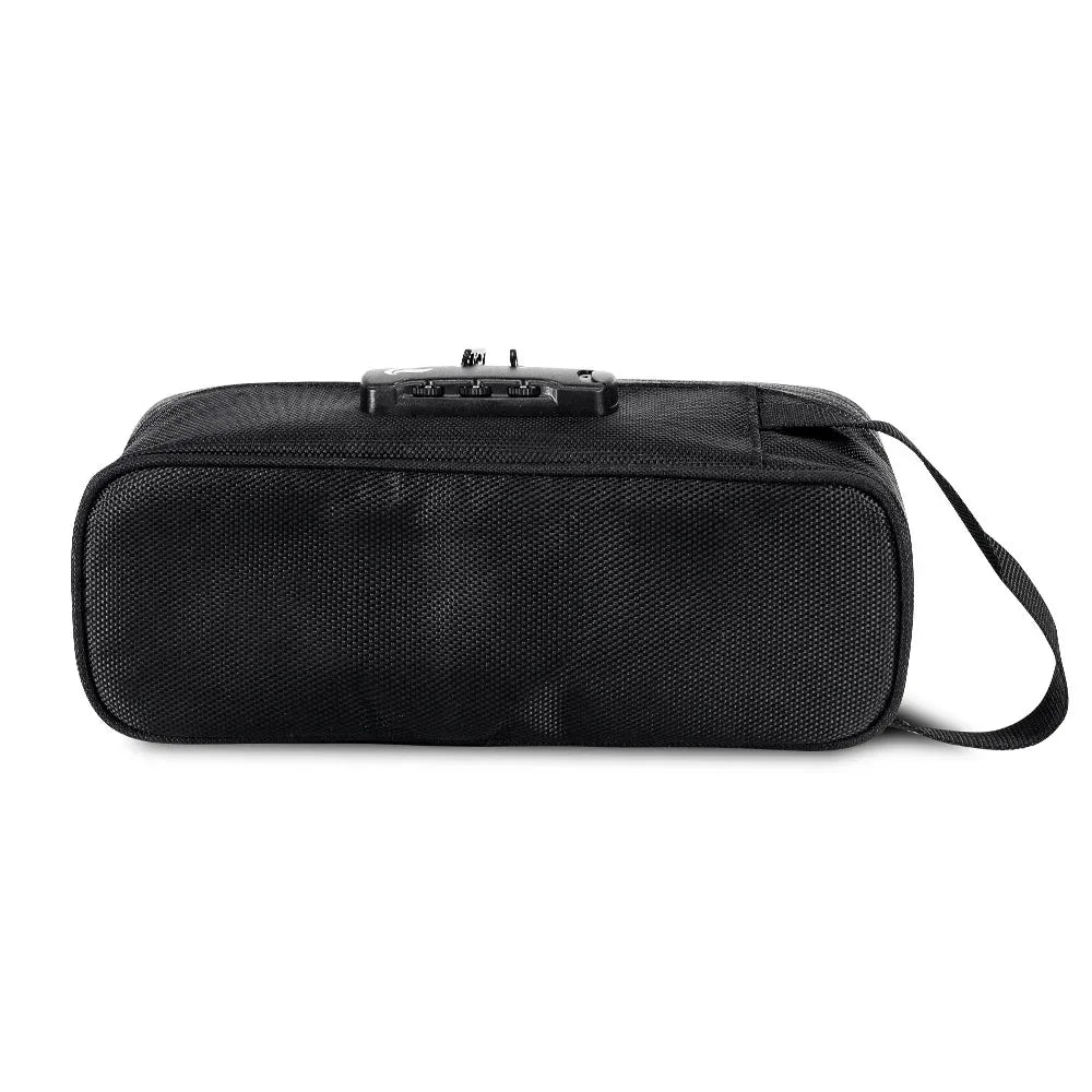 Black odor-proof carrying case with lock and strap, back view, for smoking accessories