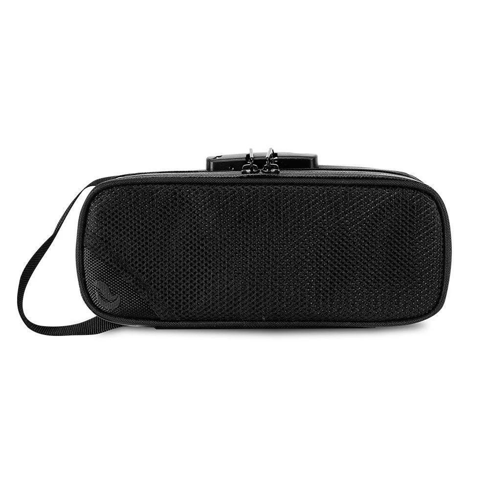 Black mesh zippered carrying case with handle for accessories, front view
