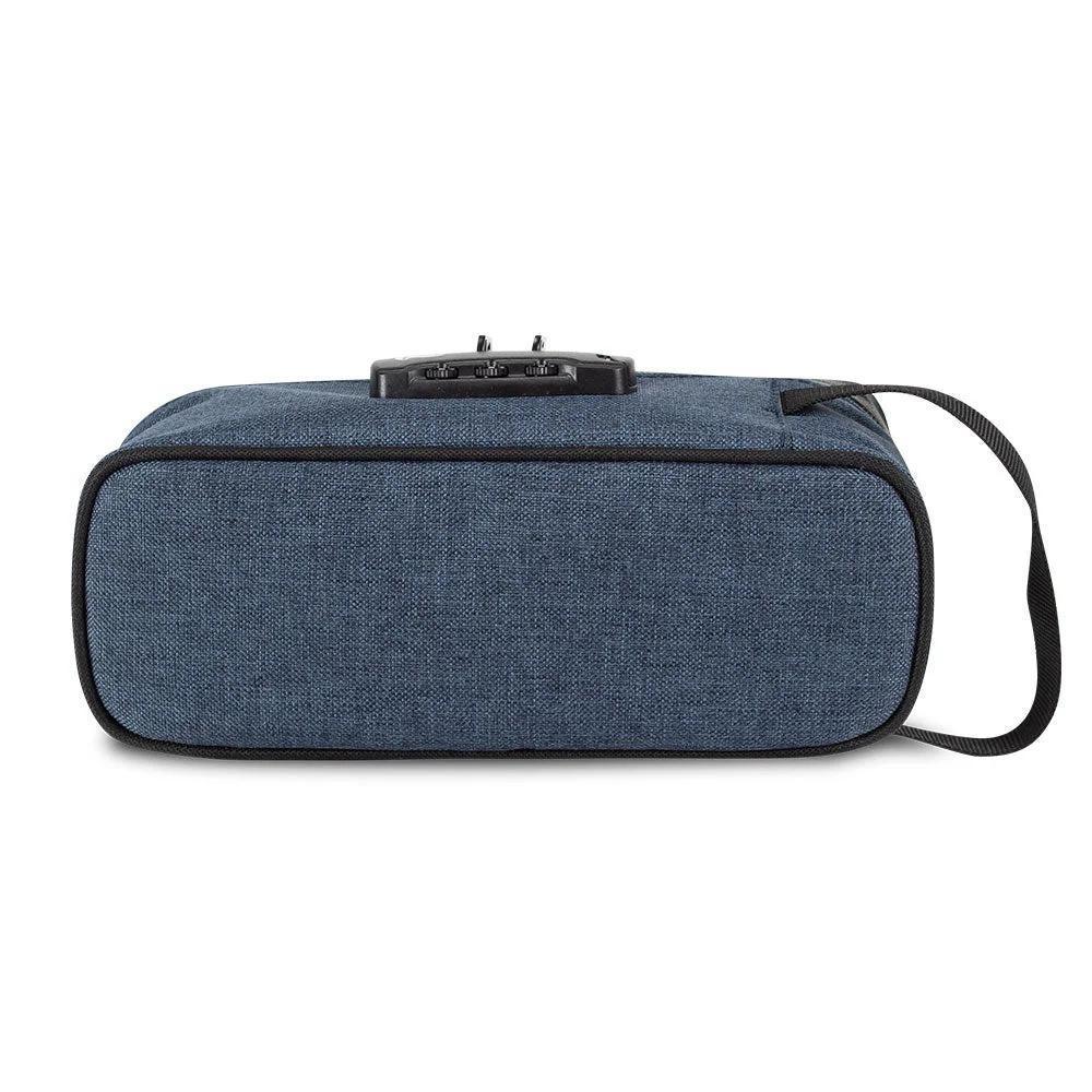Denim blue odor-proof side bag with black trim, combination lock, and carry strap