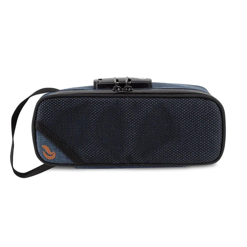 Denim blue smell-proof lockable carrying case with mesh front and wrist strap