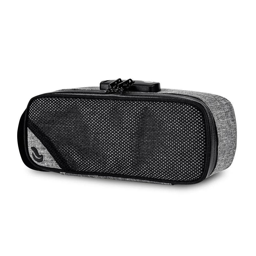 Gray odor-proof carrying case with mesh front panel and zipper, angled view