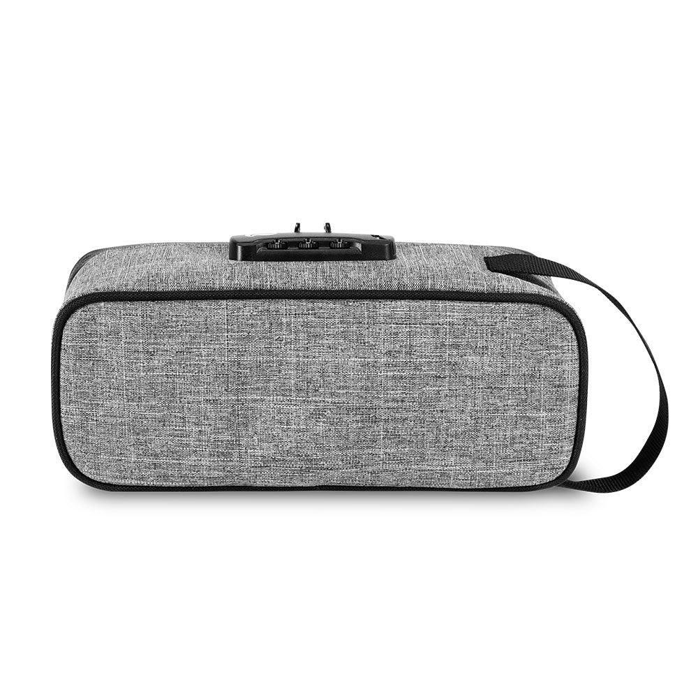 Gray odor-proof carrying case with combination lock and handle, shown from the back