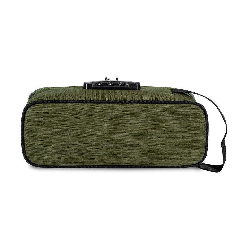 Green smell-proof bag with black trim, combination lock, and carrying strap, rear view.