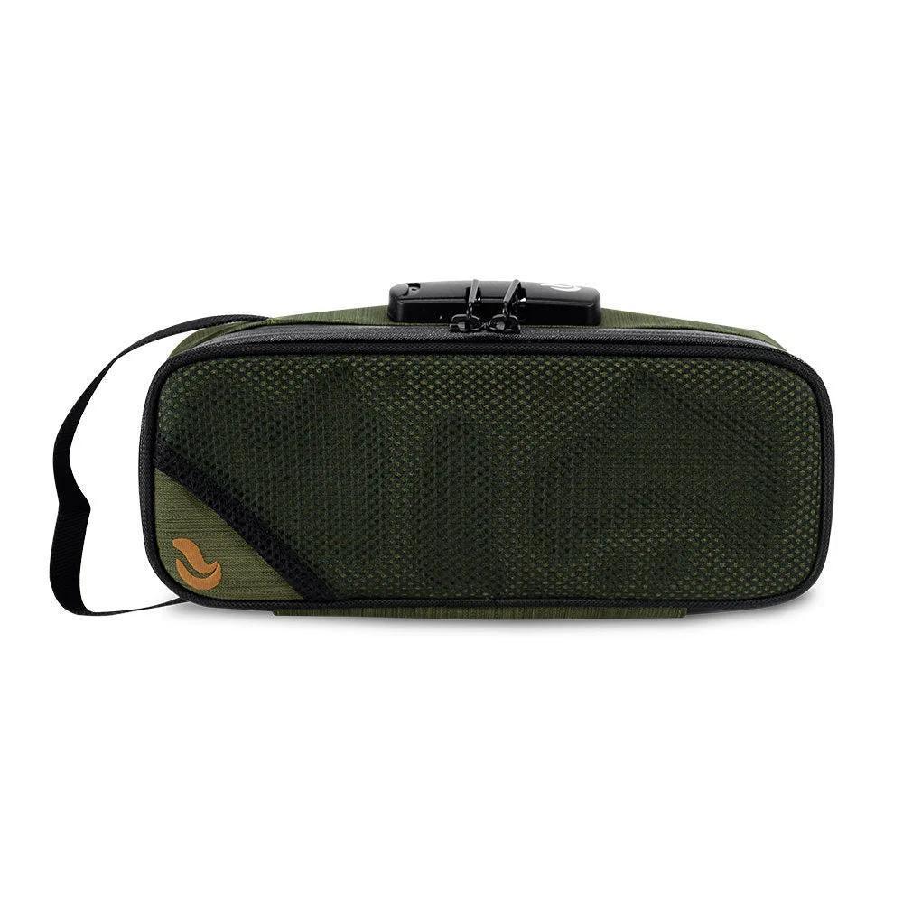 Green odor-proof lockable travel case with mesh front and carrying strap