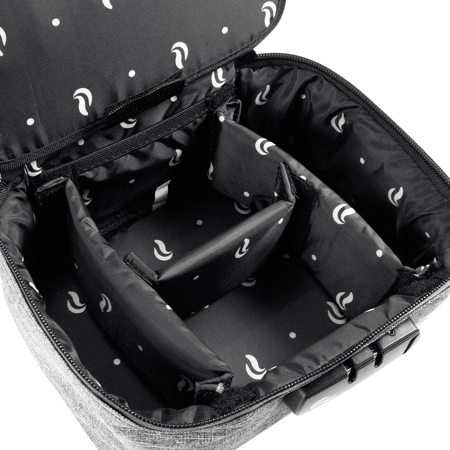 Padded smell-proof carrying case with adjustable dividers and patterned interior