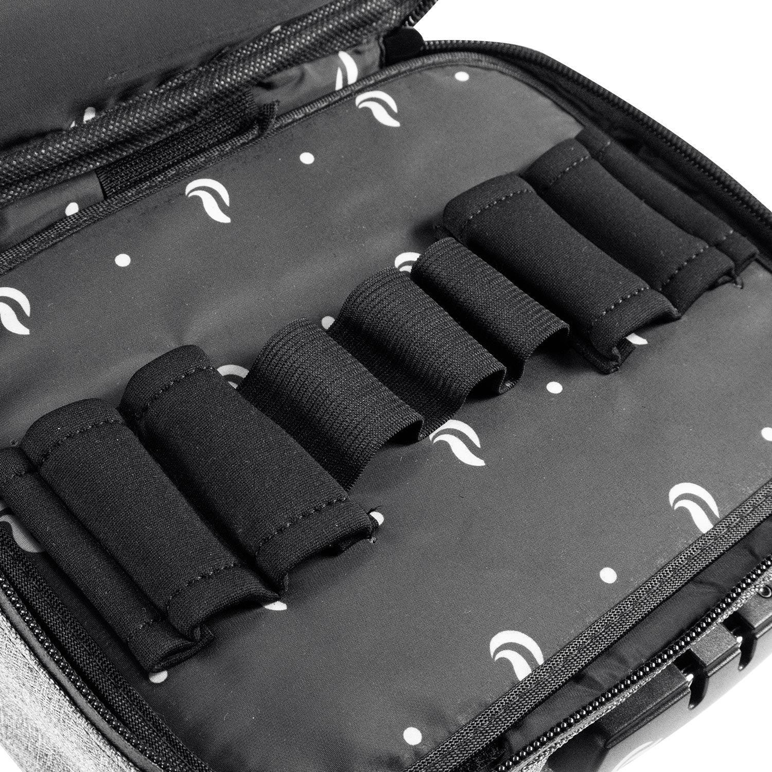 Close-up of padded protective case with elastic bands and patterned interior for smoking accessories
