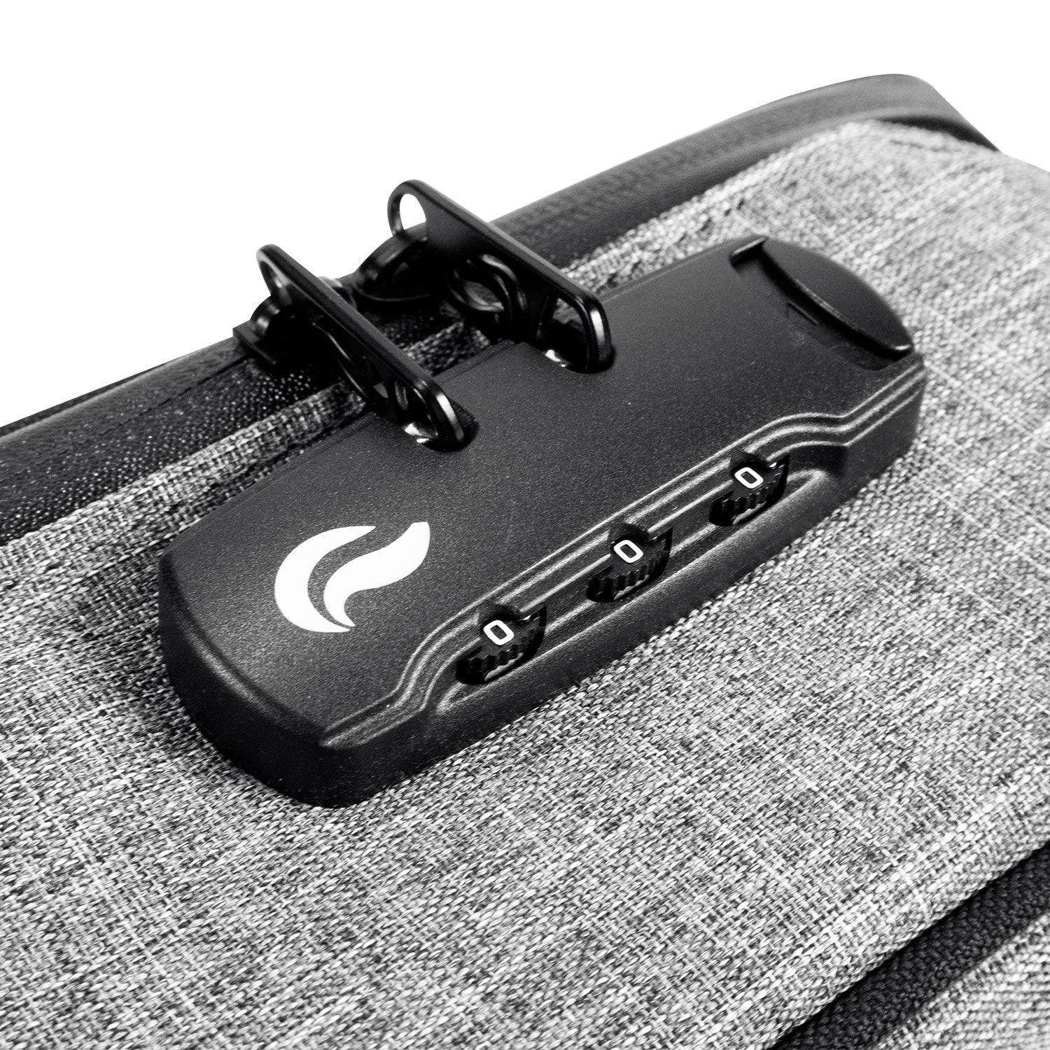 Close-up of smell-proof bag with combination lock and grey fabric texture
