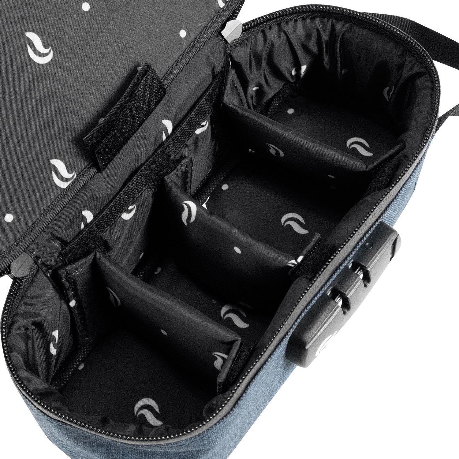 Open padded carrying case with secure lock and adjustable compartments