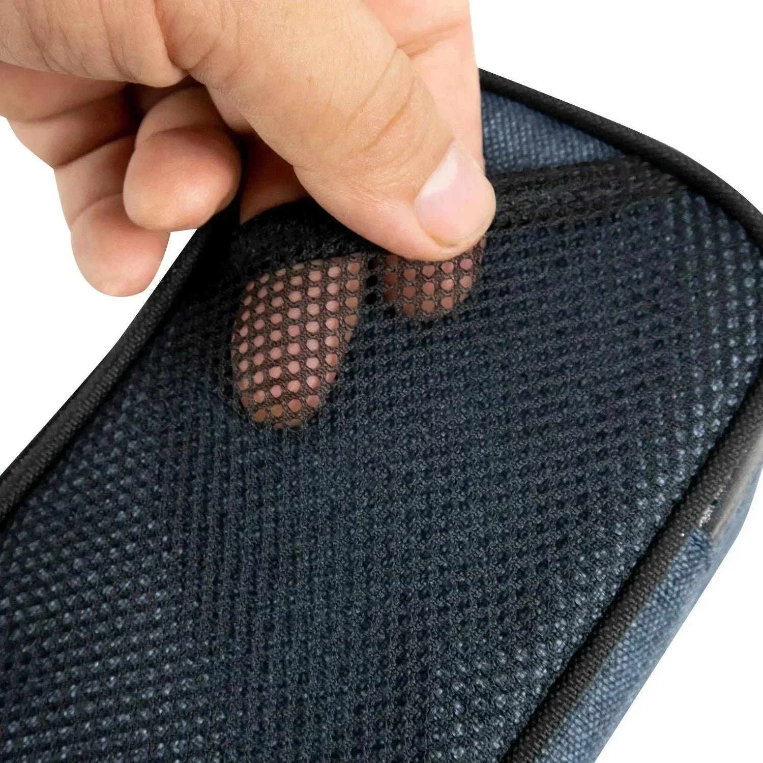 Hand lifting mesh pocket inside a padded black vape carrying case