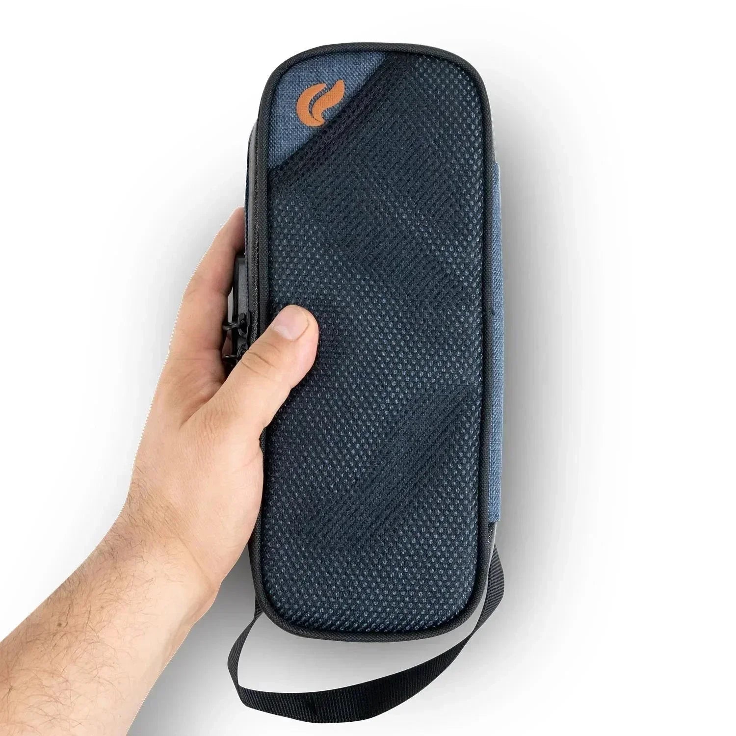 Hand holding a black textured portable storage case with zipper and wrist strap