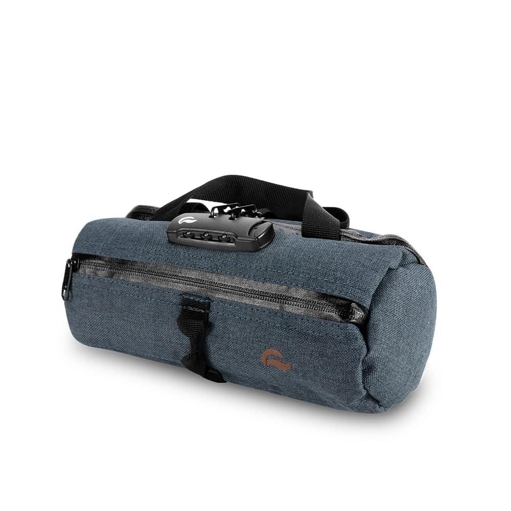 Navy blue duffel tube bag with zipper closure, handle, and combination lock