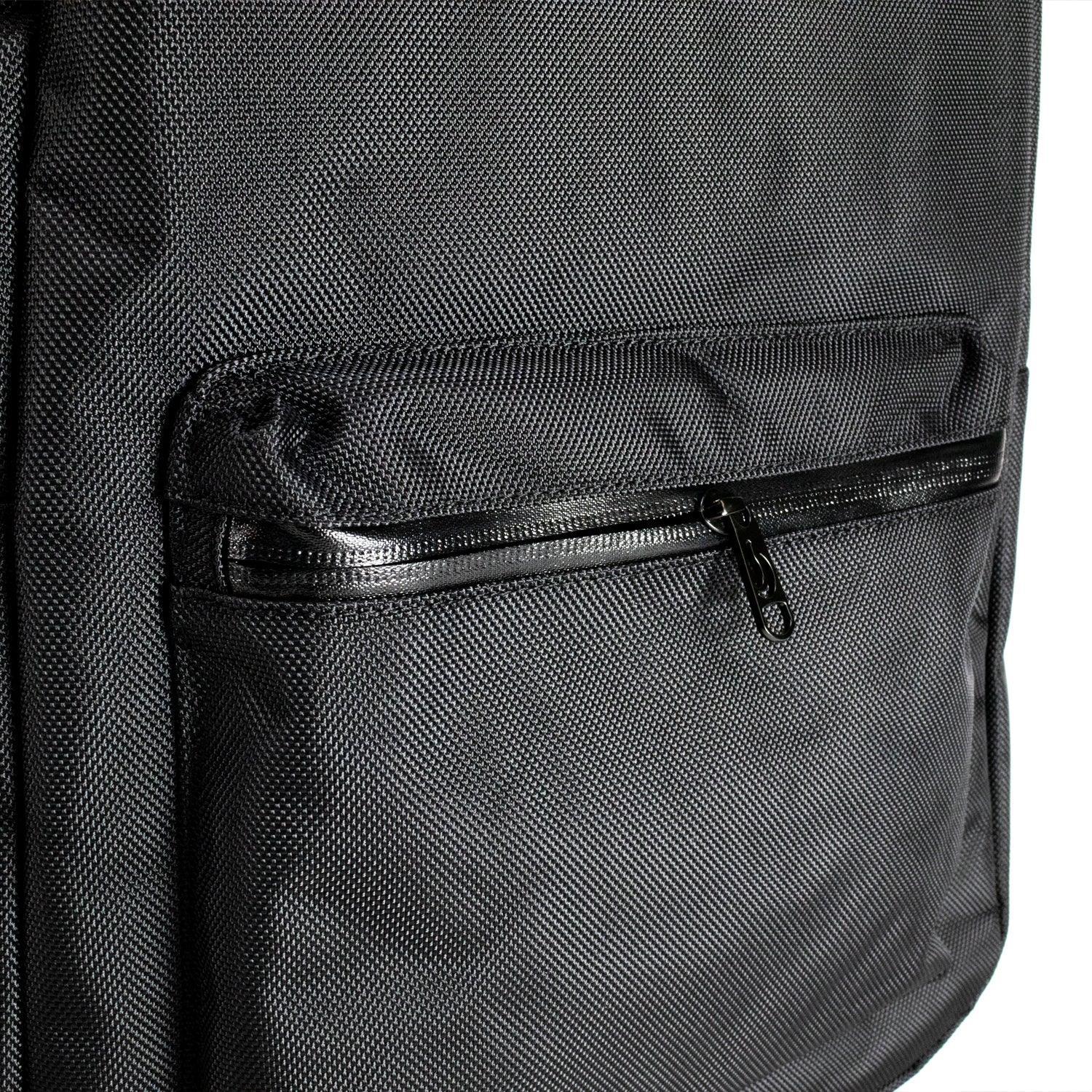 Close-up of black textured backpack front pocket with zipper