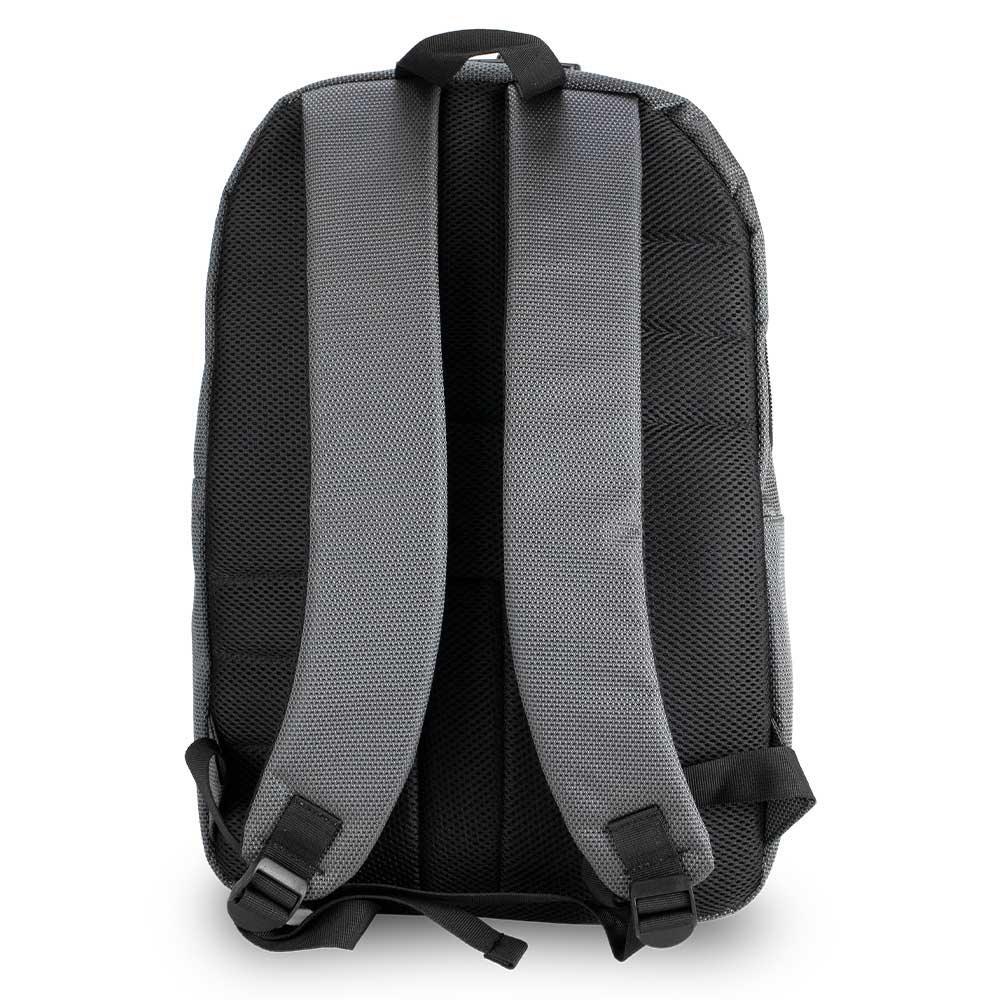 Padded black and gray backpack back view with adjustable straps