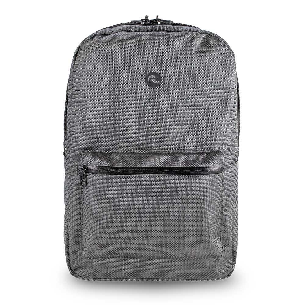 Metal gray backpack with zippered front pocket and textured fabric, shown on white background.