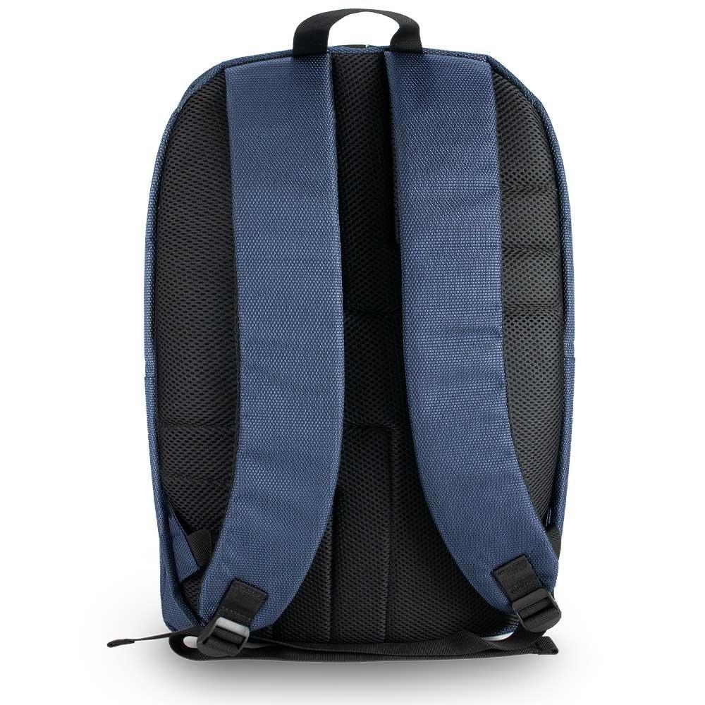 Back view of a midnight blue backpack with padded shoulder straps and mesh padding.