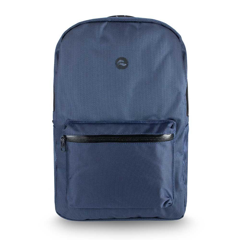 Midnight blue backpack with front zip pocket and minimalist design