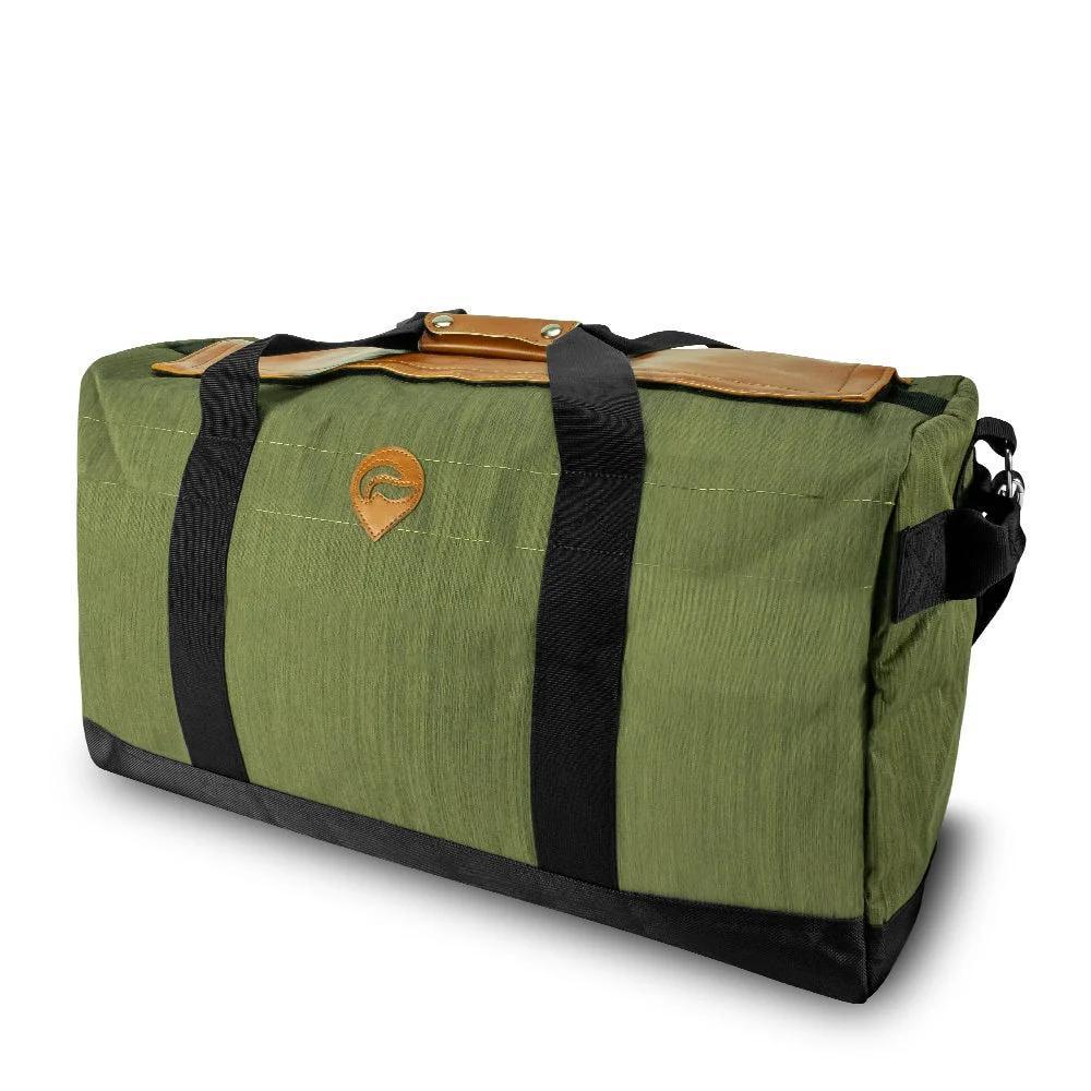 Green duffel bag with black straps and brown leather accents on a white background