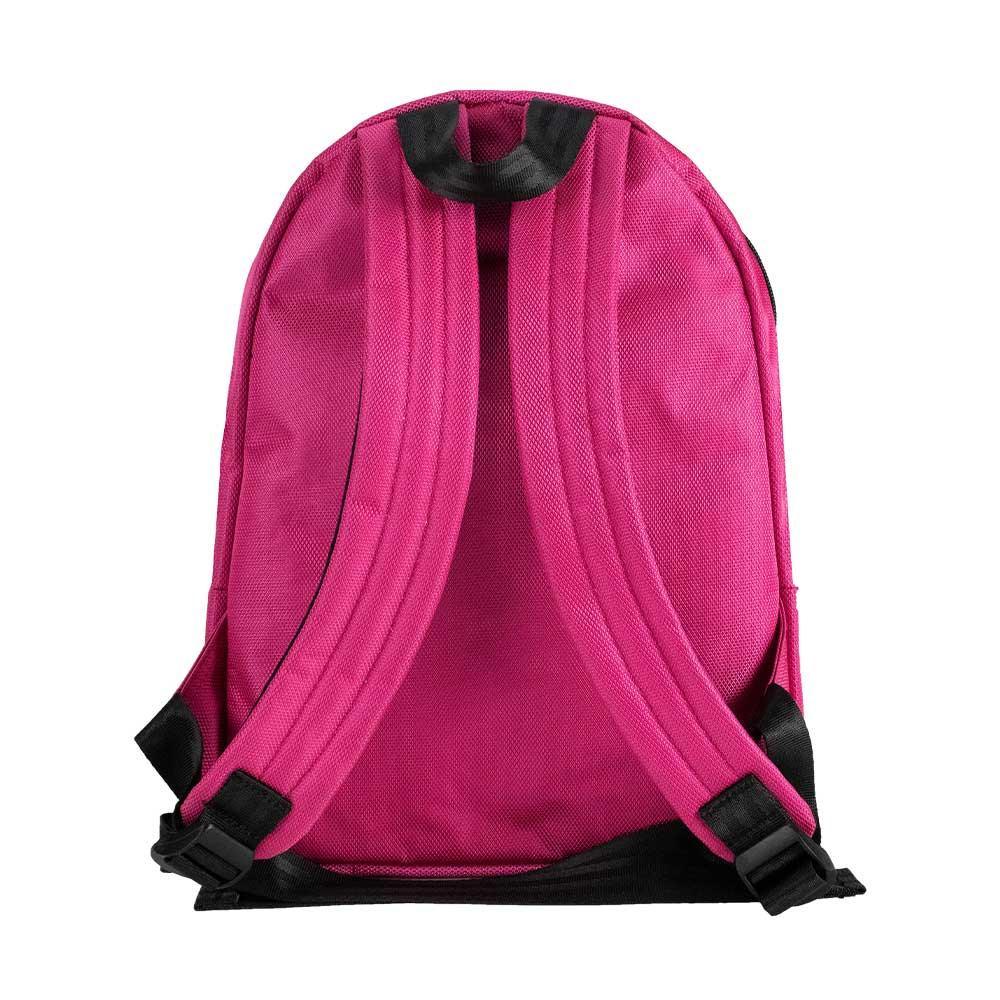 Pink mini backpack with adjustable shoulder straps, rear view, on white background