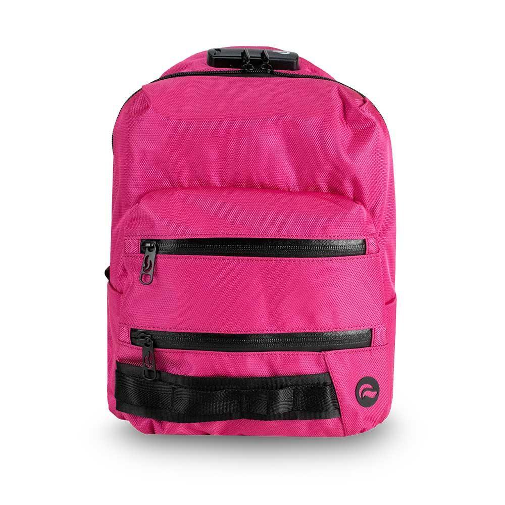 Pink mini backpack with black zippers and front pockets on white background
