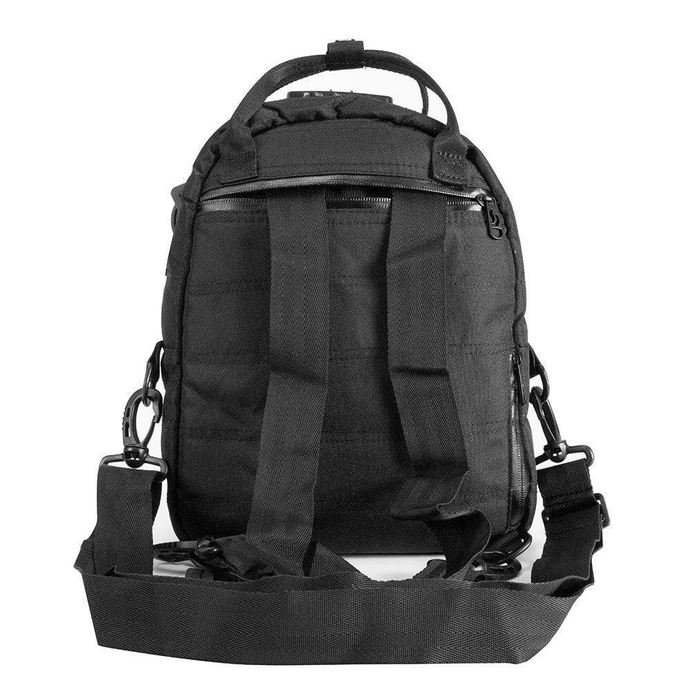 Black smell-proof backpack with adjustable straps and zippered pocket, isolated on white