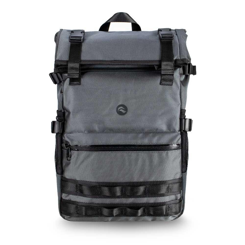 Metal gray roll-top backpack with front zipper pocket and black buckle straps