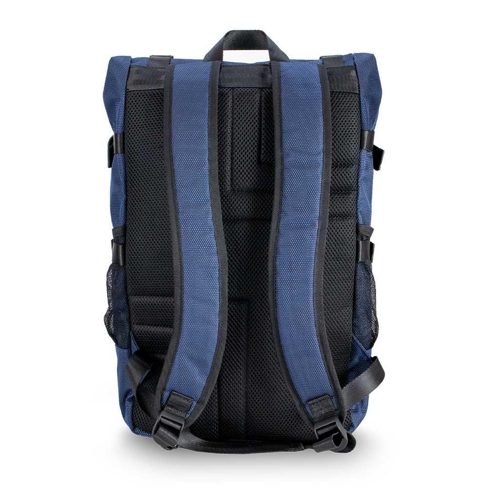 Midnight blue backpack with padded mesh straps and back panel, rear view