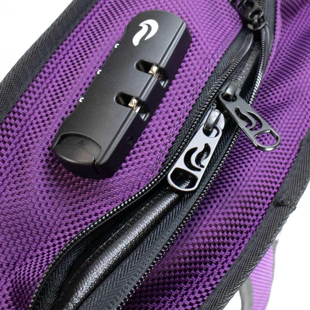 Close-up of purple lockable odor-proof bag with dual zippers and textured fabric