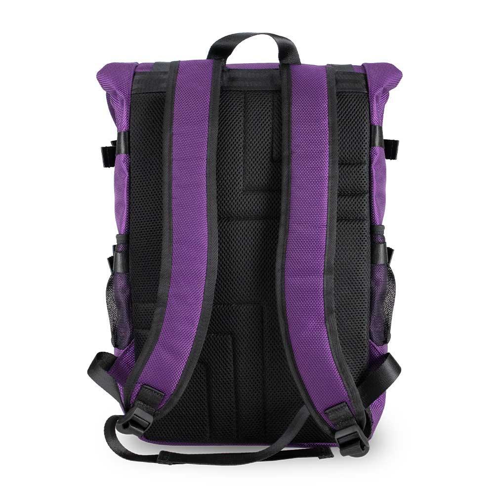 Purple and black backpack back view with padded straps and mesh side pockets