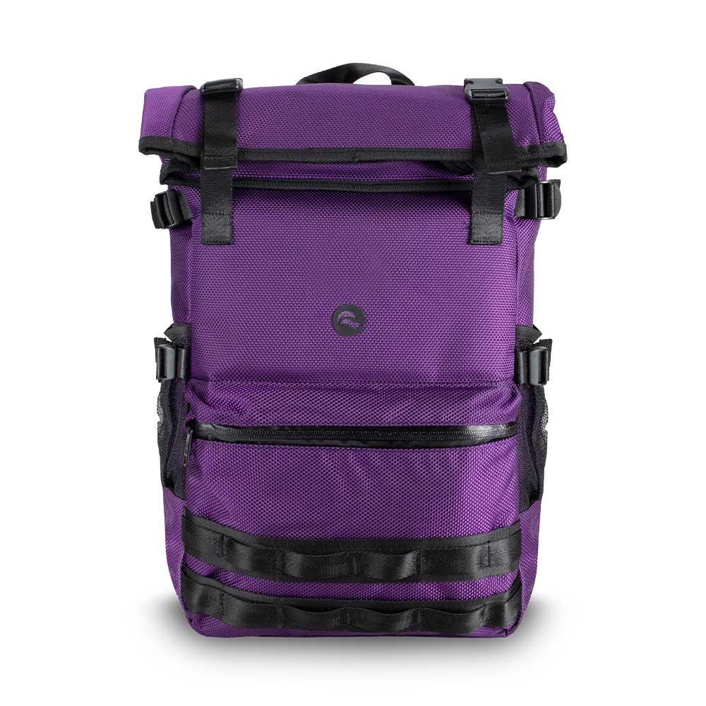 Purple roll-top backpack with black straps and front zipper pocket, isolated on white background