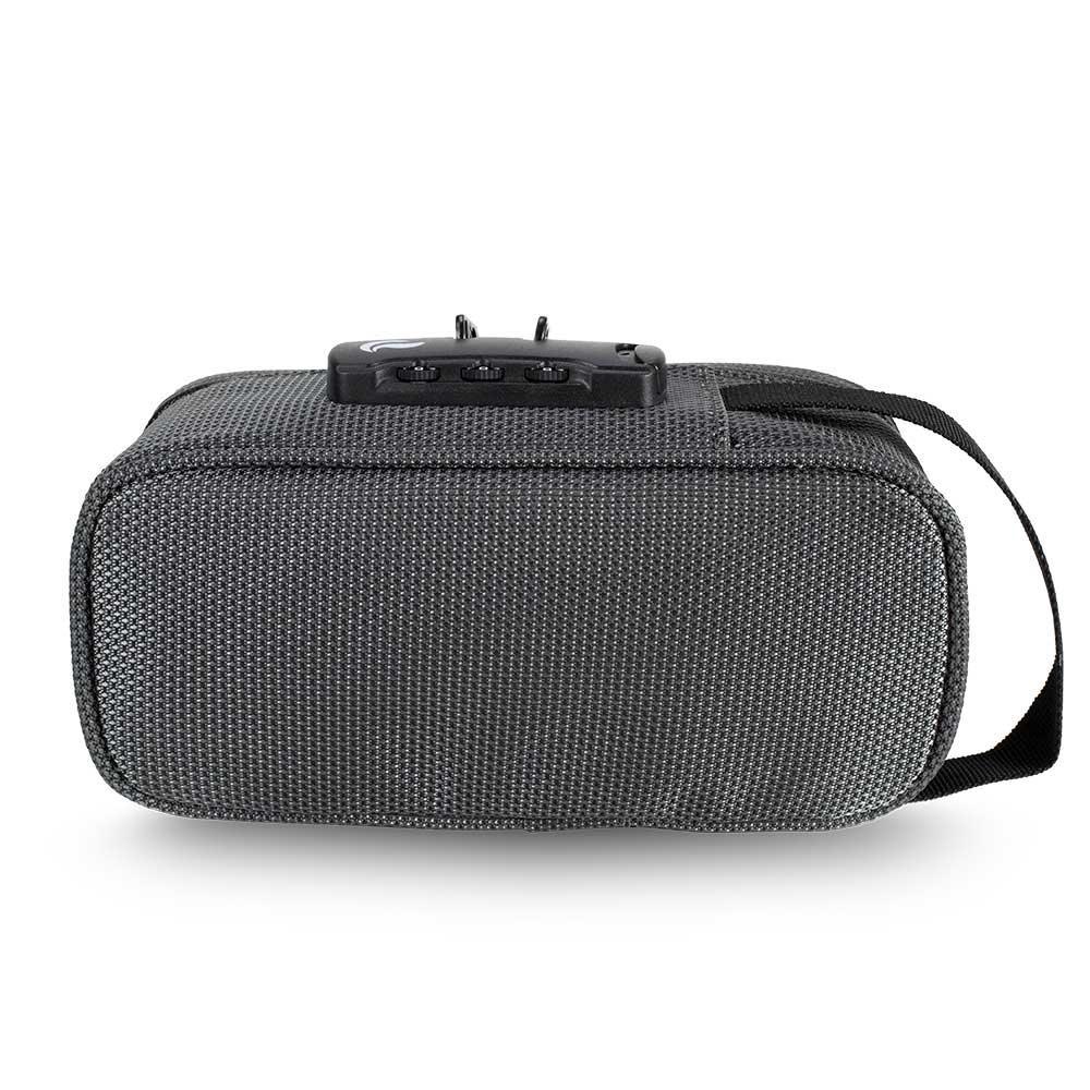 Gray smell-proof lockable pouch with textured fabric and combination lock, rear view