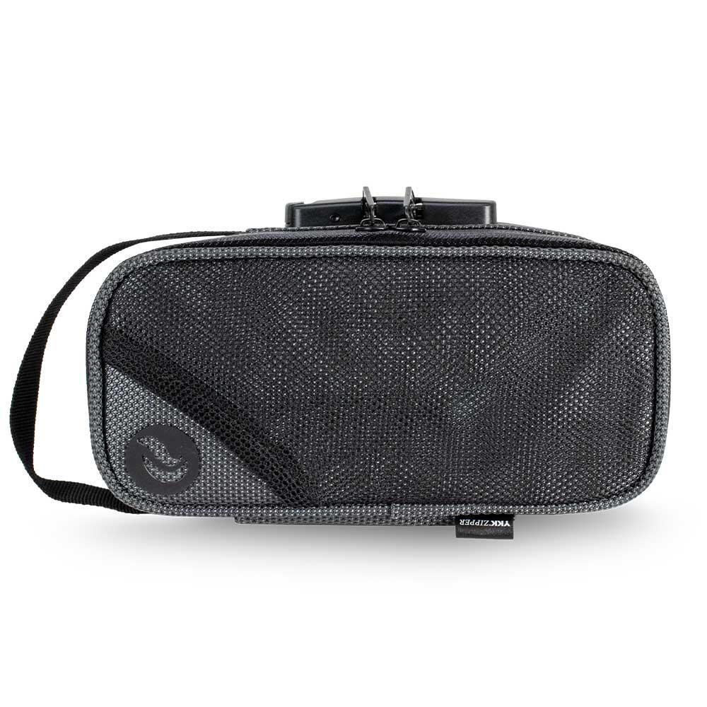 Gray odor-proof storage bag with zipper and handle, front view