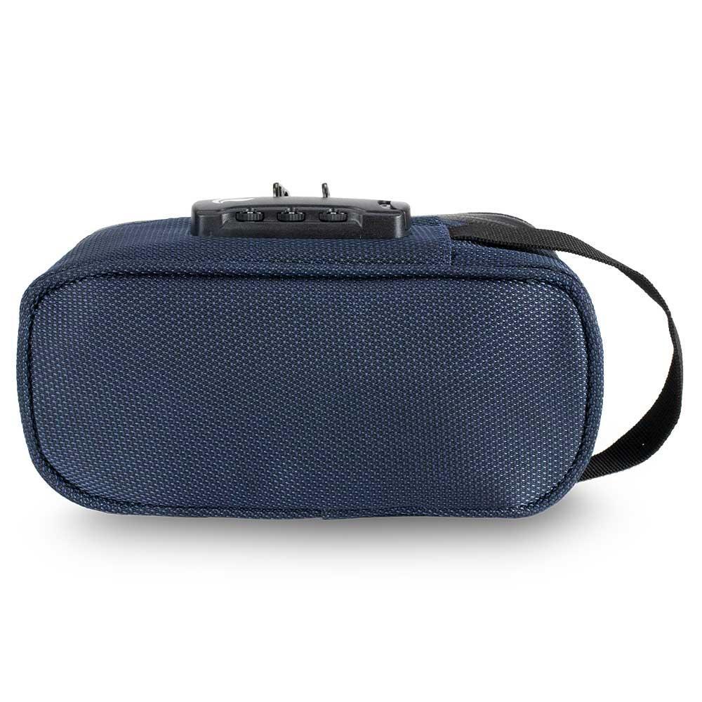 Midnight navy smell-proof travel pouch with lock, textured fabric and black strap