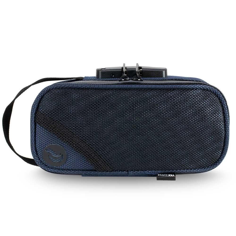 Midnight navy smell-proof travel case with lock, mesh front, and wrist strap