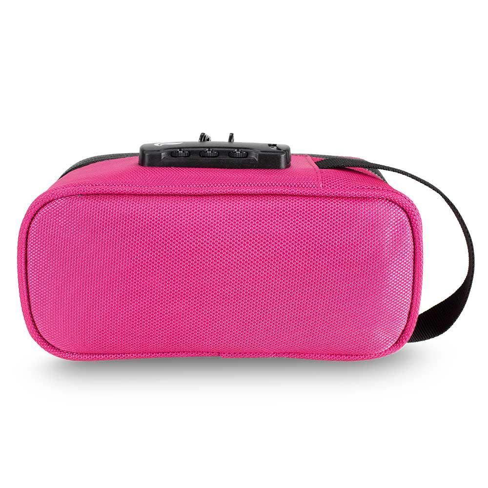 Pink smell-proof travel case with lock, black strap, and textured fabric, rear view.