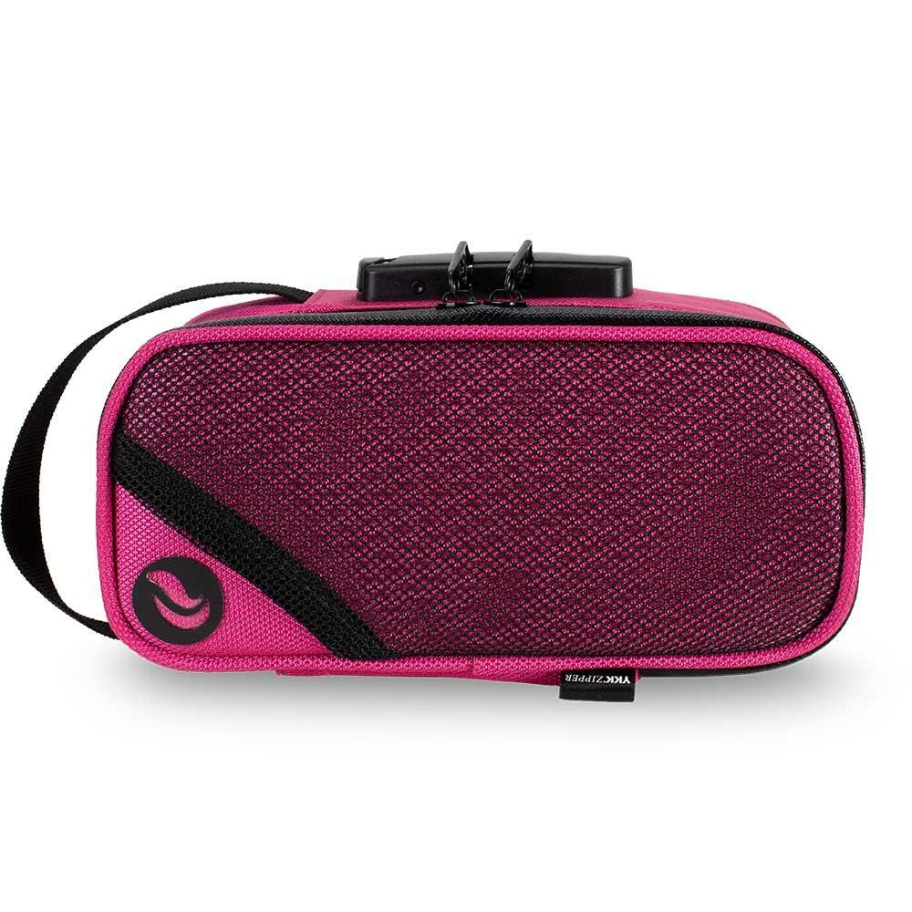Pink lockable odor-proof carrying case with mesh front panel and shoulder strap