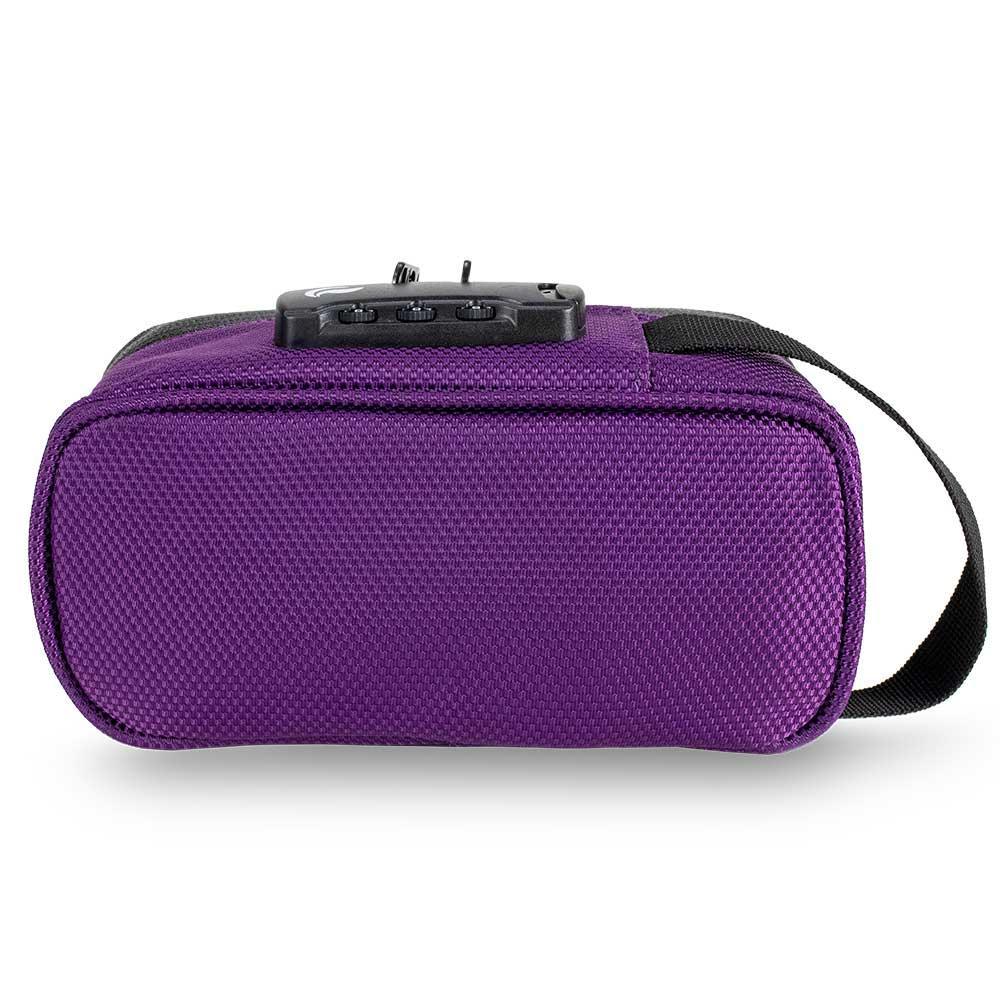 Purple smell-proof bag with textured fabric, black strap, and combination lock, rear view